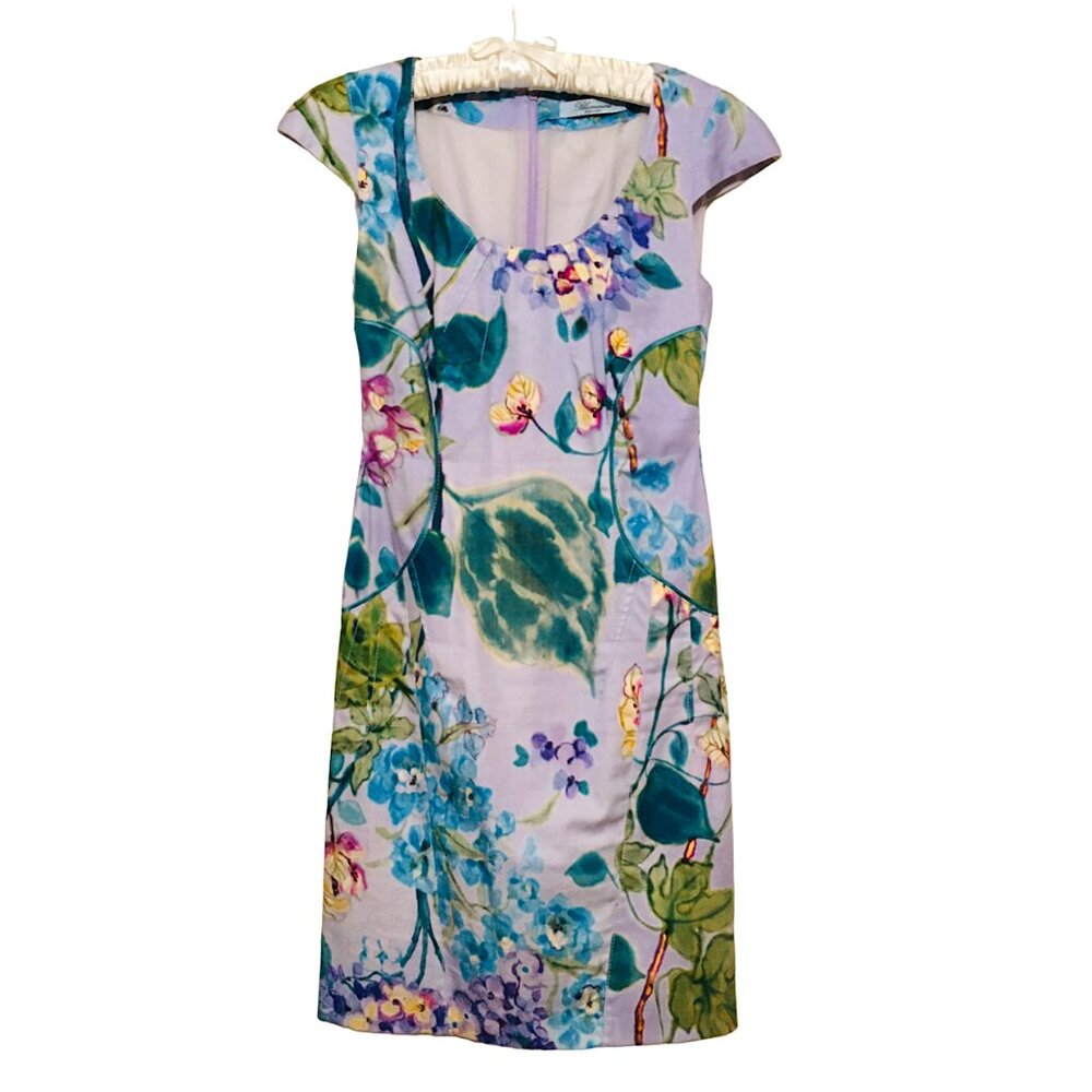 BluMarine Dress Italian Designer Watercolor Floral Pleats Cotton Lined Women’s